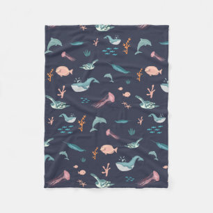 Couverture Polaire Aquarelle Océan Sea Animaux Motif bleu