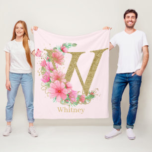 Couverture Polaire Aquarelle Or et Lettre Monogramme Floral W