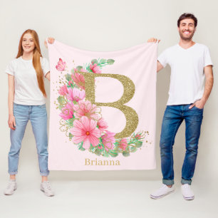 Couverture Polaire Aquarelle Or et Monogramme Floral Lettre B