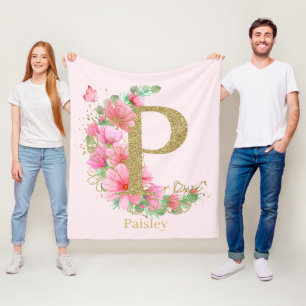 Couverture Polaire Aquarelle Or et Monogramme Floral Lettre P