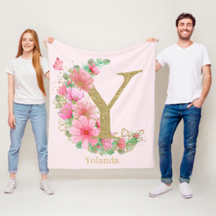 Couverture Polaire Aquarelle Or et Monogramme Floral Lettre Y