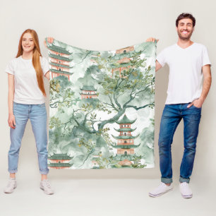 Couverture Polaire Aquarelle Pagode asiatique dans paysage verdoyant