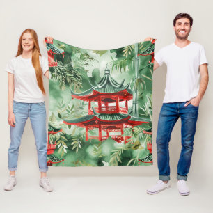 Couverture Polaire Aquarelle Pagode asiatique dans paysage verdoyant