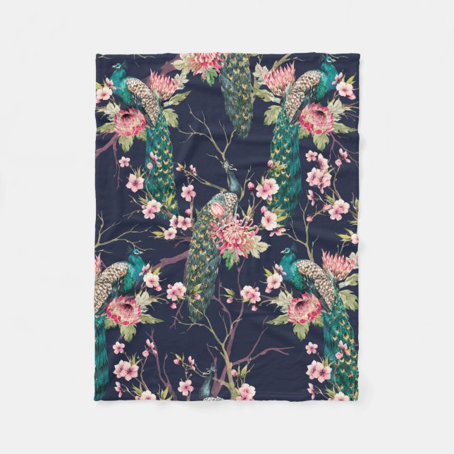 Couverture Polaire aquarelle paon motif sur une cerise d'arbre, fleur (Devant)