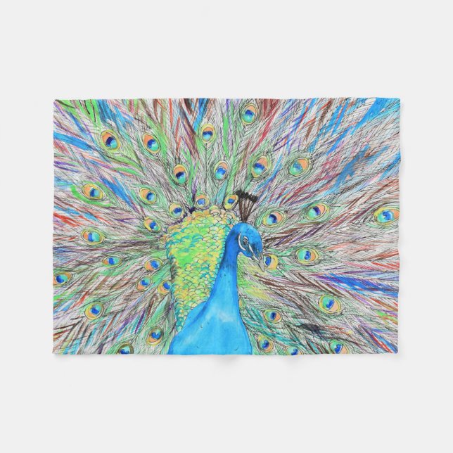 Couverture Polaire Aquarelle Peacock peinture (Devant (Horizontal))