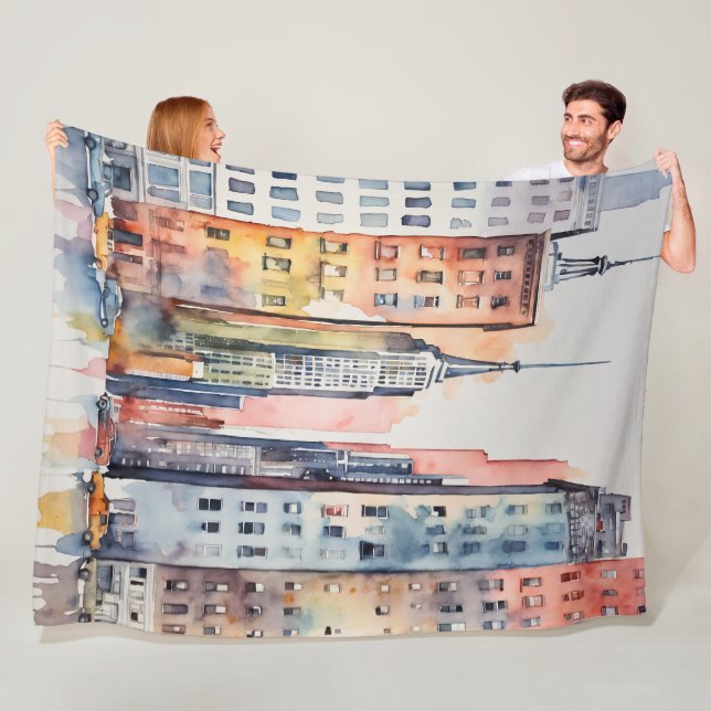 Couverture Polaire Aquarelle Peint Urbain Cityscape Skyscapers (En situation)