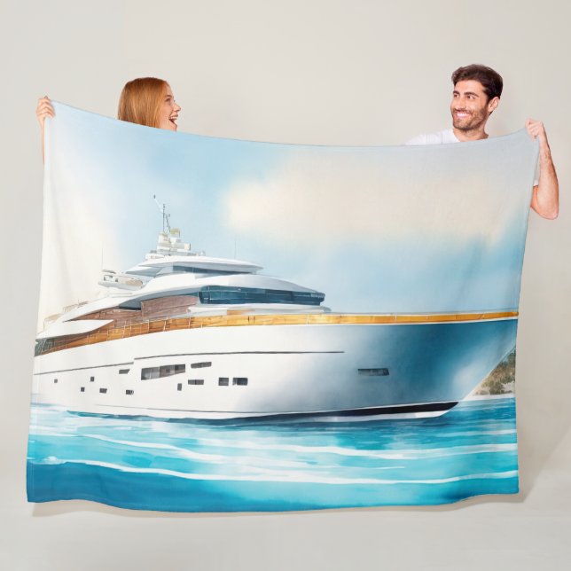 Couverture Polaire Aquarelle Peint Yacht sur l'eau bleue (En situation)