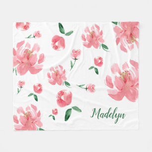 Couverture Polaire Aquarelle Peonies Vert Script Nom personnalisé