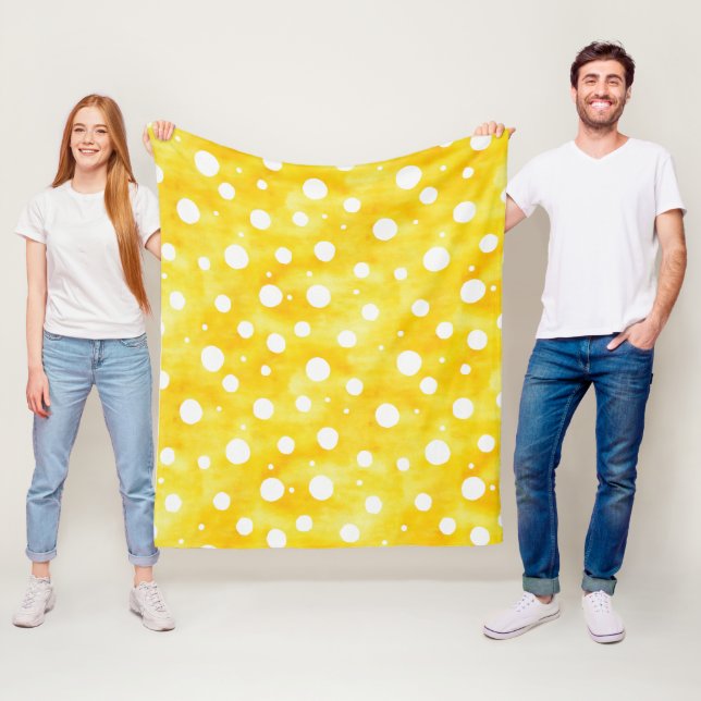 Couverture Polaire Aquarelle Polka Dot - Terre Jaune et Blanc (2) (En situation)