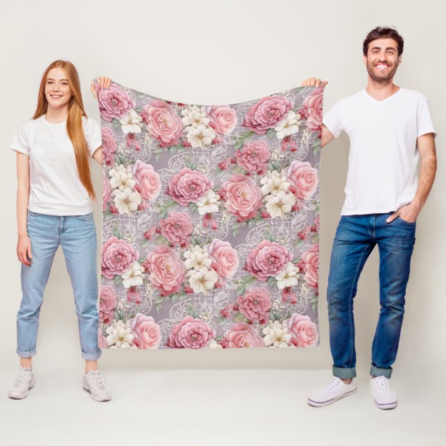 Couverture Polaire Aquarelle Pretty Pink Pastel Floral & Dentelle (En situation)