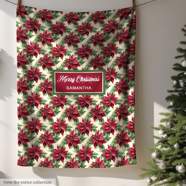 Couverture Polaire Aquarelle Profonde Rouge Poinsététie Sage Vert Mue (Watercolor Deep Red Poinsettia Sage Green Muted Fleece Blanket)