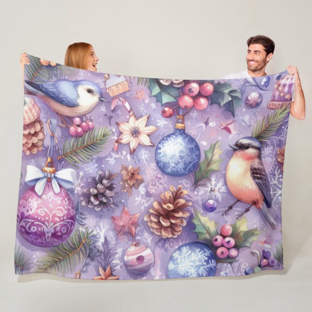 Couverture Polaire Aquarelle Purple Motifs de Noël Fêtes Oiseaux (En situation)