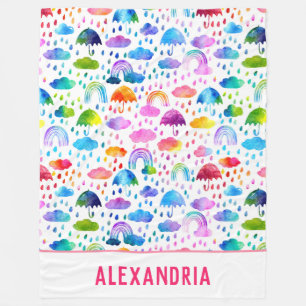 Couverture Polaire Aquarelle Rainbow Umbrellas Rainy Day Girls