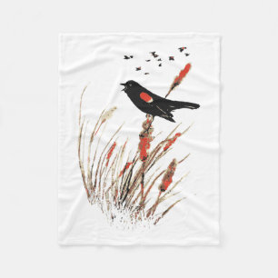 Couverture Polaire Aquarelle Red Wing Blackbird Oiseau Art de la natu