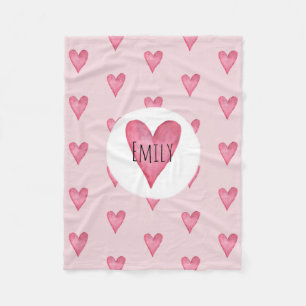 Couverture Polaire Aquarelle rose de la fille Coeur et nom des enfant