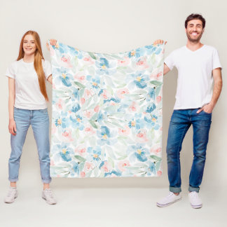 Couverture Polaire Aquarelle rose et bleu fleurs Blanc