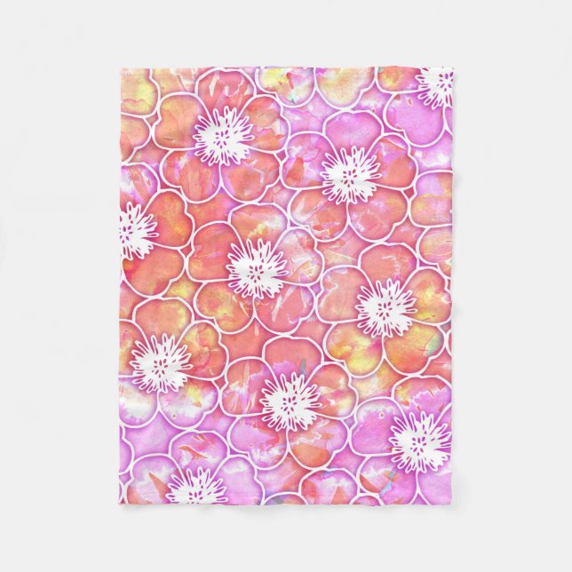 Couverture Polaire Aquarelle rose et orange avec les fleurs blanches (Devant)