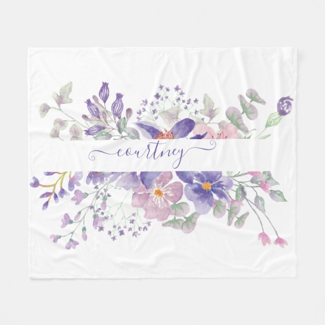Couverture Polaire Aquarelle rose et violet florale personnalisée (Devant (Horizontal))