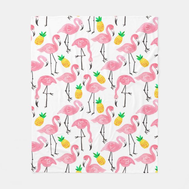 Couverture Polaire Aquarelle rose flamant rose et ananas jaune  (Devant)