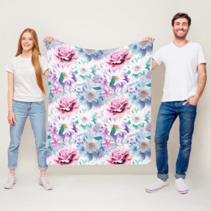 Couverture Polaire Aquarelle rose, fleurs bleues.