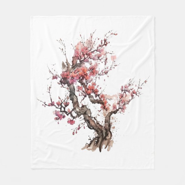 Couverture Polaire Aquarelle rose japonaise Sakura Cherry Blossom (Devant)