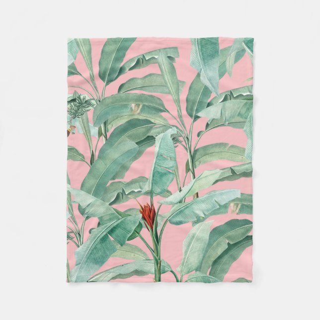 Couverture Polaire Aquarelle rose moderne Tropical Banana Palm Feuill (Devant)