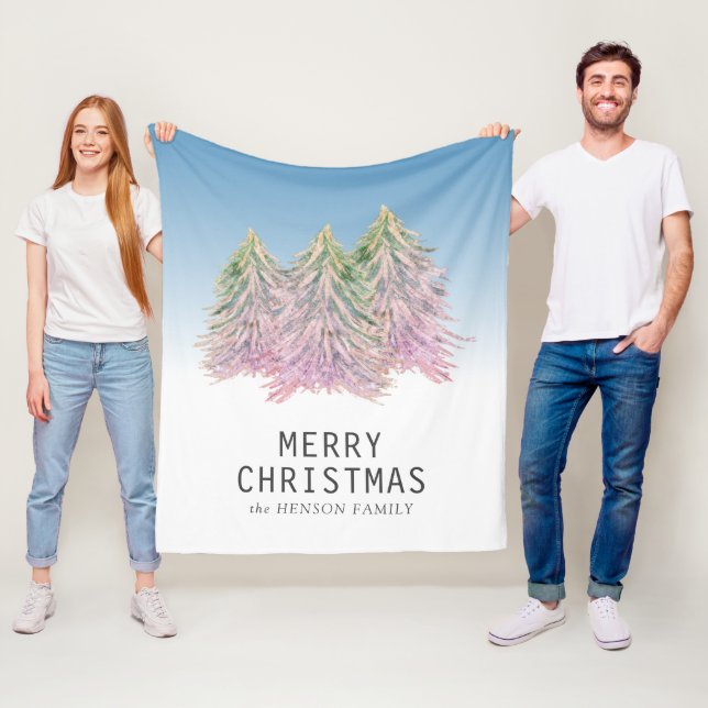 Couverture Polaire Aquarelle rose vert Arbre de Noël Artiste (En situation)