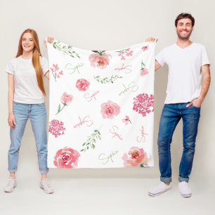 Couverture Polaire Aquarelle rose vert Boho florale personnalisée