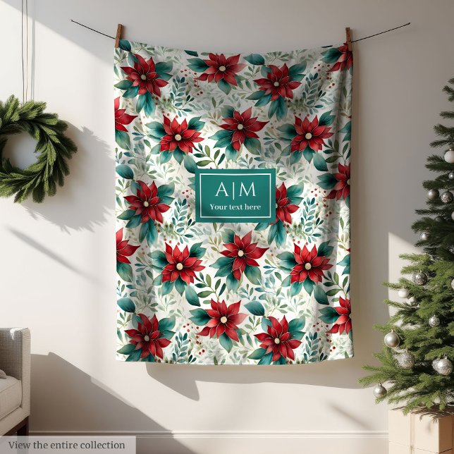 Couverture Polaire Aquarelle rouge foncé poinsettia pastel vert perso (Watercolor deep red poinsettia pastel green custom fleece blanket)