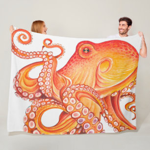 Couverture Polaire Aquarelle rouge orange octopique