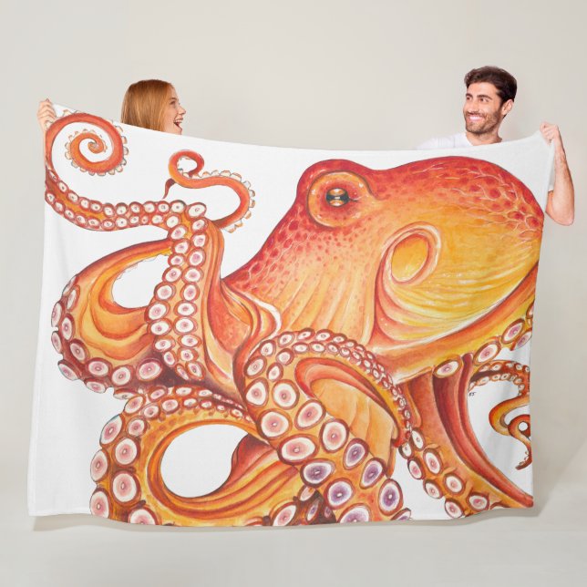 Couverture Polaire Aquarelle rouge orange octopique (En situation)