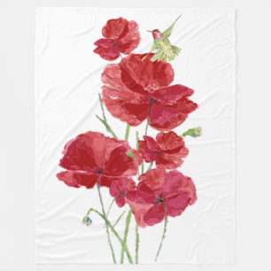 Couverture Polaire Aquarelle Rouge Poppies Fleurs Oiseau de colibri