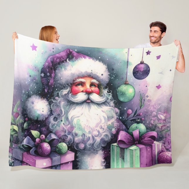 Couverture Polaire Aquarelle Santa Claus Purple Green Cadeaux (En situation)
