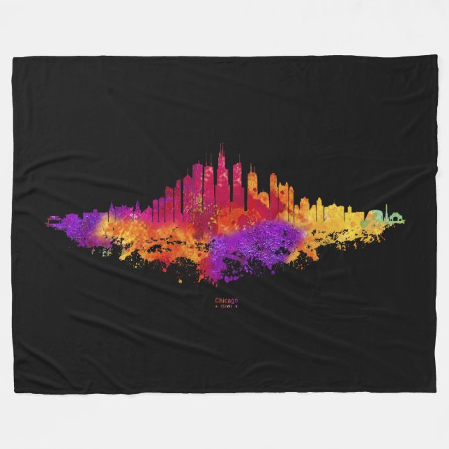Couverture Polaire Aquarelle Skyline de Chicago en blanc (Devant (Horizontal))