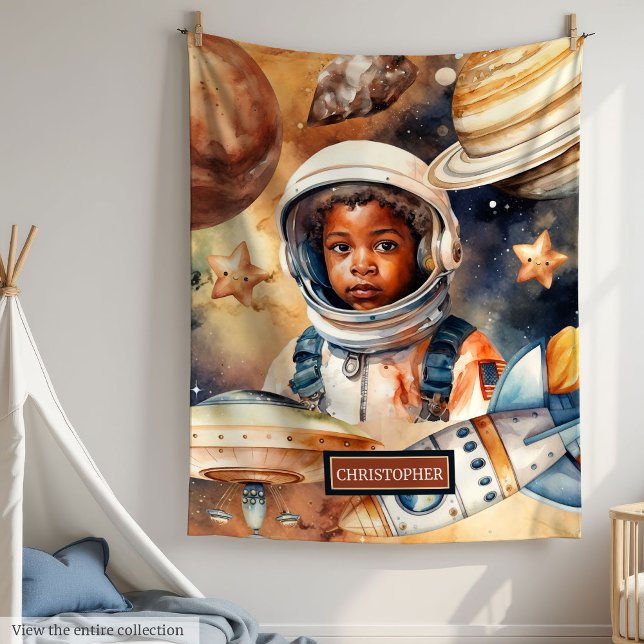 Couverture Polaire Aquarelle spatiale de l'astronaute de peau noire (Black Skin Boy Astronaut Space Watercolor Style Fleece Blanket)