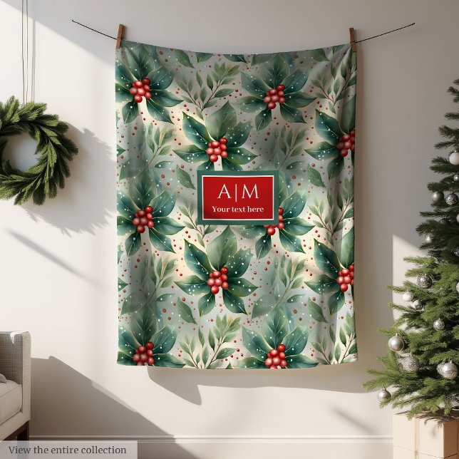 Couverture Polaire Aquarelle teintes muettes baies sèches Noël (Watercolor muted colors holly berries Christmas Fleece Blanket)