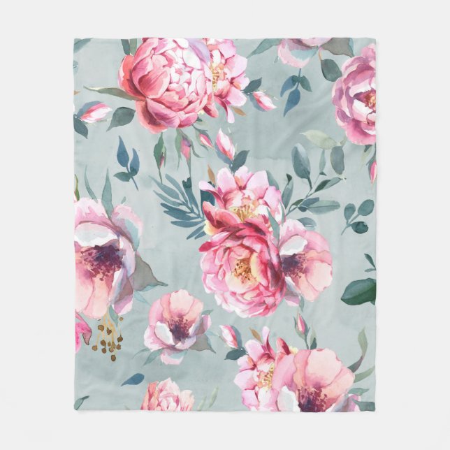 Couverture Polaire Aquarelle transparente motif de la pivoine et fleu (Devant)