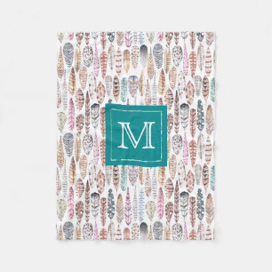 Couverture Polaire Aquarelle Tribale Bohème Plumes Monogramme