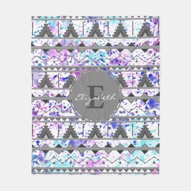 Couverture Polaire Aquarelle turquoise et violette Gris Aztec Motif p (Devant)