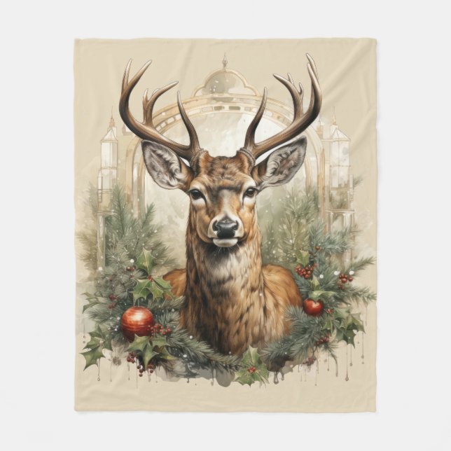Couverture Polaire Aquarelle Vintage Christmas Deer Design (Devant)