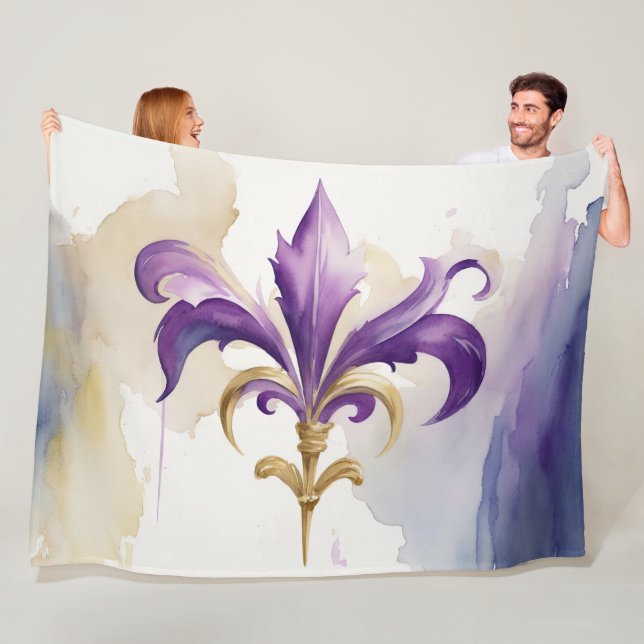 Couverture Polaire Aquarelle violette Tan Fleur de Lis (En situation)