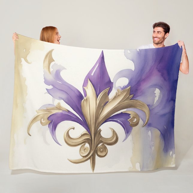 Couverture Polaire Aquarelle violette Tan Fleur de Lis (En situation)