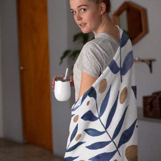 Couverture Polaire Aquarelles et baies - indigo et beige (Créateur téléchargé)