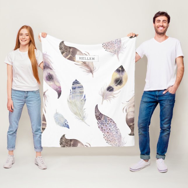 Couverture Polaire Aquarelles motif de plumes tribales (En situation)