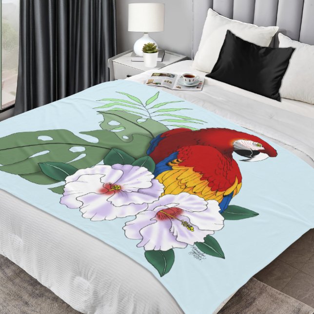 Couverture Polaire Ara Macao Rouge Perroquet Tropical Hibiscus Blanc  (Créateur téléchargé)