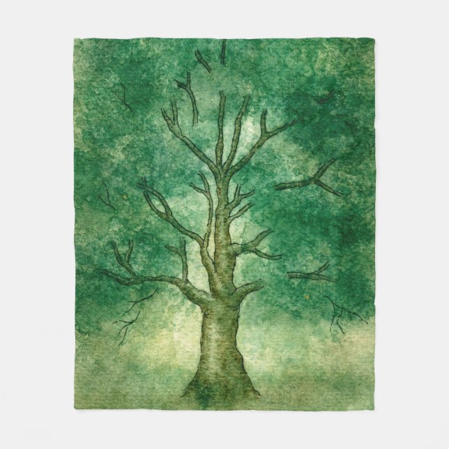 Couverture Polaire Arbre de chêne dans la peinture aquarelle du broui (Devant)