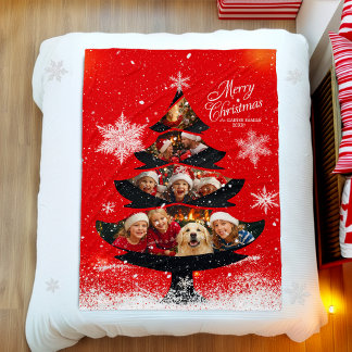 Couverture Polaire Arbre de Noël de photo de famille joyeux enneigé