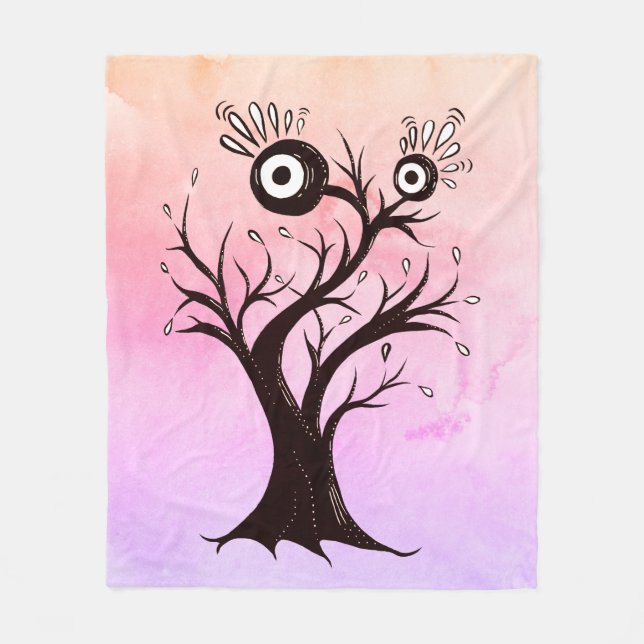 Couverture Polaire Arbre fou Créature Encre Art Imaginaire rose (Devant)