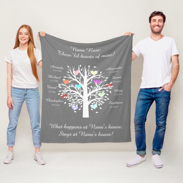 Couverture Polaire Arbre grand-mère (coeurs), 8 noms et dates blancs/ (En situation)