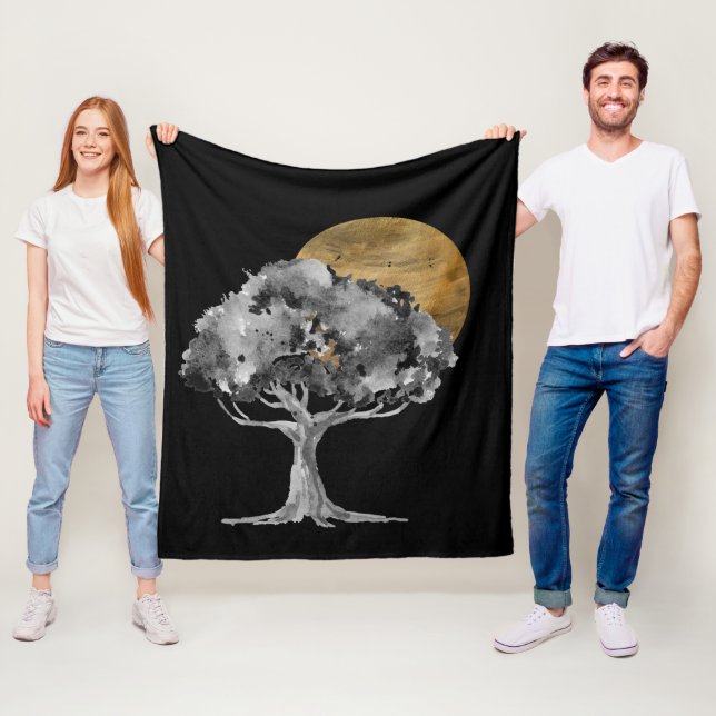 Couverture Polaire Arbre noir or lune art numérique (En situation)